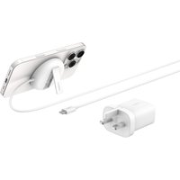 White Belkin WIA011myWH headset with USB wireless charging pad and smartphone stand, includes power adapter and cable.