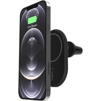 Black Belkin wireless car charger with USB port, attached to smartphone, showing charging status on screen.