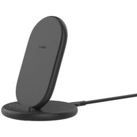 Black Belkin Wireless Charging Stand 9W with oval design, includes power supply unit and cable.