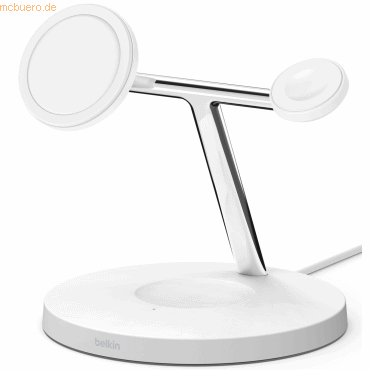 White Belkin WIZ009VFWH mobile device charger featuring a sleek, modern design with a circular charging pad and a magnetic attachment for smartphones and smartwatches.