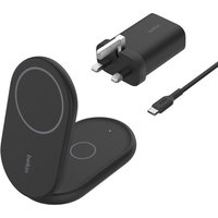 Black Belkin WIZ028MYBK mobile charger with stand, USB-C cable, and UK plug adapter.