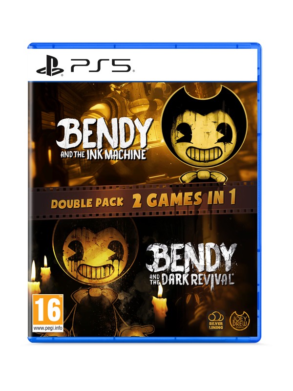 Bendy Double Pack for PS5 features a blue case with artwork showcasing Bendy characters from "Bendy and the Ink Machine" and "Bendy and the Dark Revival," highlighted by dark tones and candles.