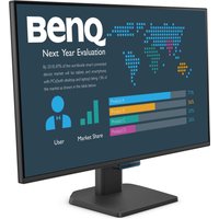 27" BenQ monitor with slim black bezel, displaying colorful graphs and text on a matte screen.