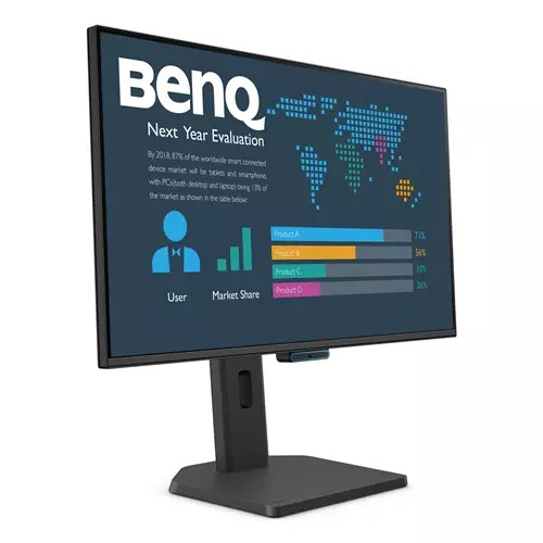 27" Full HD IPS monitor with a sleek black design, featuring a DisplayPort, HDMI, and USB-C ports, displaying a colorful business evaluation graphic on the screen.