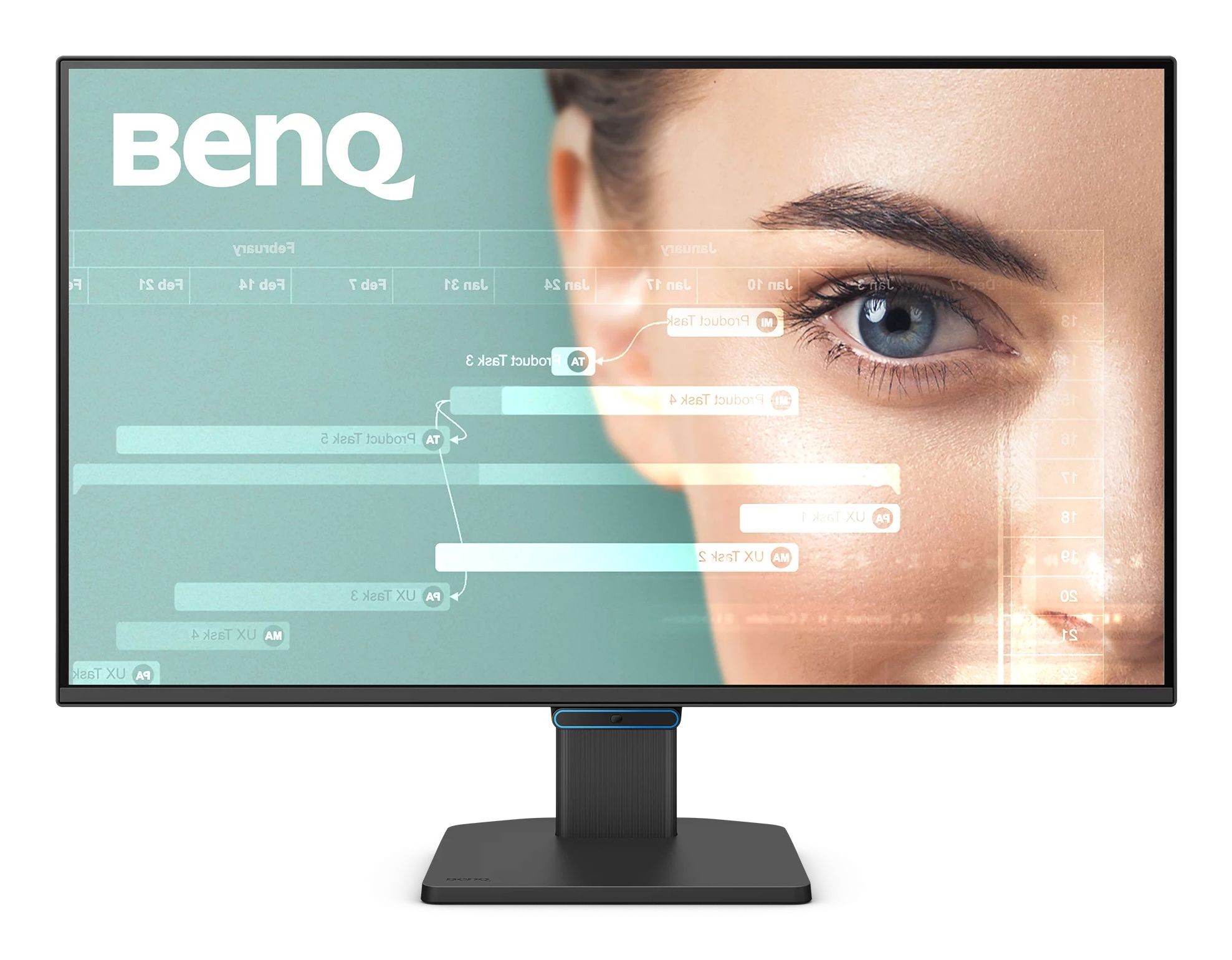 27" Full HD IPS monitor with slim bezels, featuring a sleek black stand, DisplayPort, HDMI, and USB-C ports, showcasing a close-up of an eye on a light blue background.