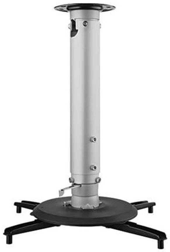 Black ceiling projector mount with a stainless steel pole, featuring a sturdy base and adjustable height for secure installation.