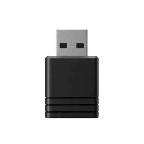 Black USB Wi-Fi adapter with a sleek, compact design, featuring a metal connector and subtle grooves on the body for grip.
