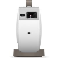 White BenQ GV32 projector with 500 ANSI lumens, DLP 1080p resolution, compact design, and a brown base stand.