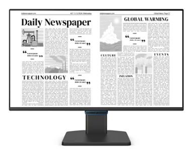 23.8" Benq GW2490C Full HD IPS monitor with a sleek black frame, featuring DisplayPort, HDMI, and USB-C ports, displaying a newspaper layout on its screen.