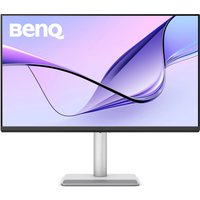 White BenQ MA320UP 31.5" monitor, 4K Ultra HD, slim bezels, sleek stand, displaying abstract purple and blue design.