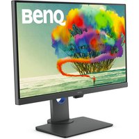 BenQ PD2705Q 27" monitor with slim black bezel, adjustable stand, and vibrant display showing colorful abstract art.