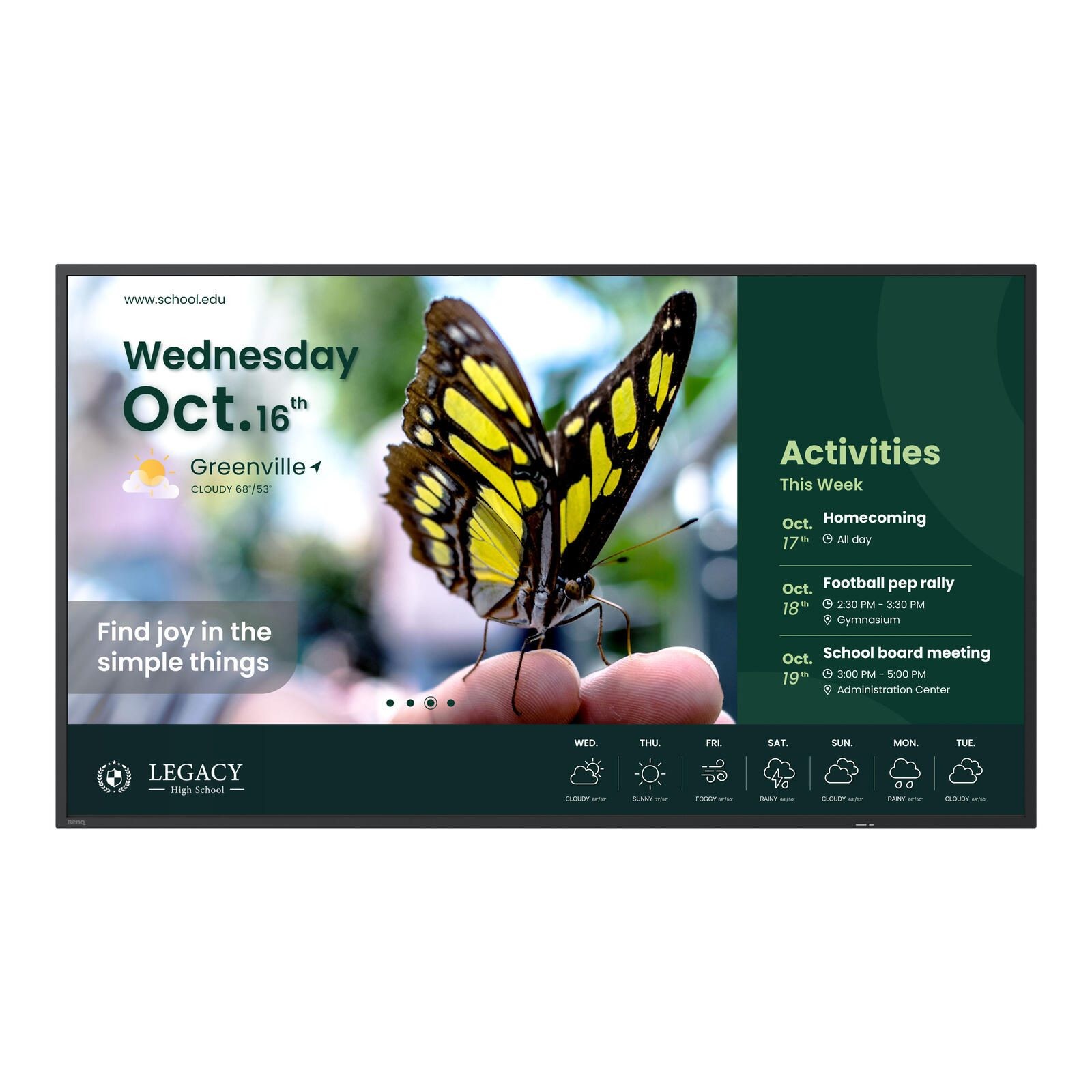 BenQ ST4304 digital signage flat panel features a 43-inch LCD display with vibrant colors, showcasing a butterfly and event details on a sleek black frame.