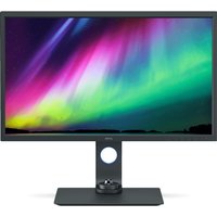 BenQ SW321C 32" 4K monitor with thin black bezel, rectangular stand, displaying vibrant aurora image.