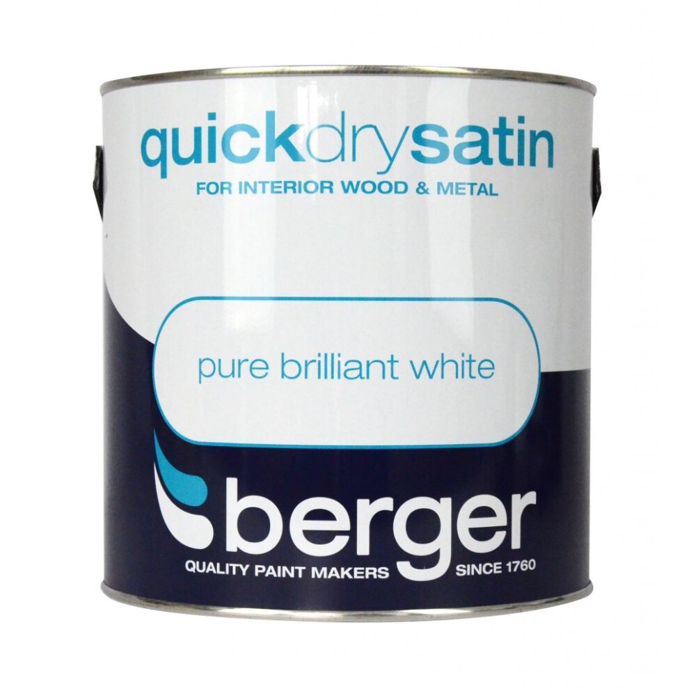 Round metal paint can labeled "Quick Dry Satin" in pure brilliant white by Berger, featuring a blue and white design with text highlighting its suitability for interior wood and metal.