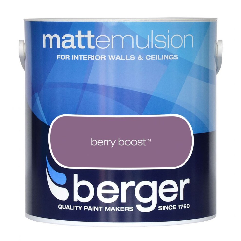 Round 2.5L paint can featuring a blue gradient design, labeled "Matt Emulsion" with "Berry Boost" in a purple band, and the Berger logo at the bottom.