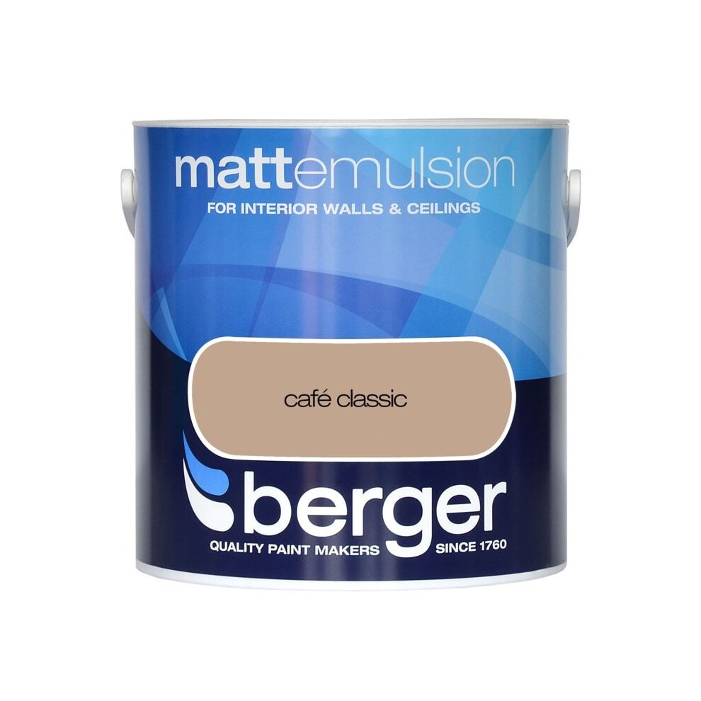 A 2.5L can of Berger Matt Emulsion paint in the color "Café Classic," featuring a smooth, matte finish and a blue label with white text and logo.