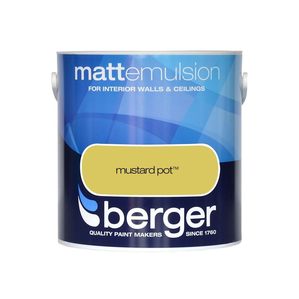 A 2.5L tin of Berger Matt Emulsion paint in the color "Mustard Pot," featuring a blue and white design with the brand name prominently displayed.