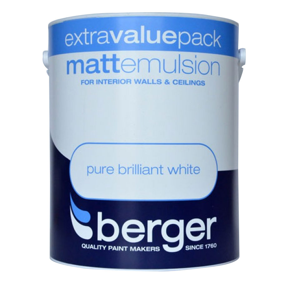 Berger Matt Emulsion Paint in a 3L container, featuring a blue and white design with "extra value pack" and "pure brilliant white" labels, ideal for interior walls and ceilings.