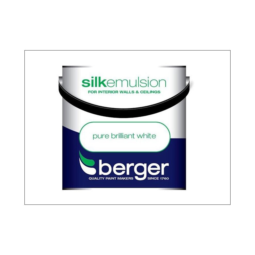 Container of Berger Silk Emulsion in Brilliant White, 3L, featuring a sleek design with a black lid, blue and white branding, and text highlighting its use for interior walls and ceilings.