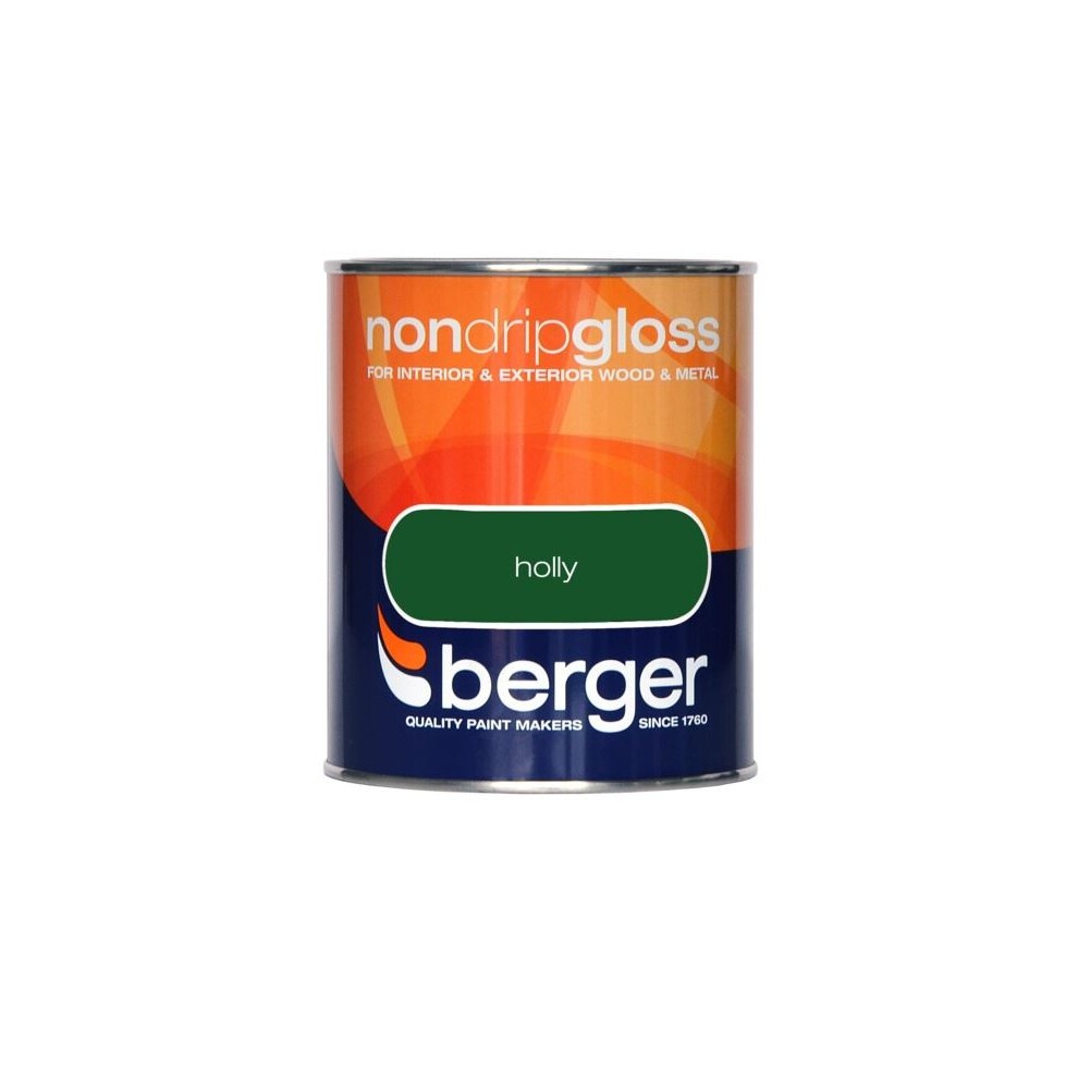 Non-drip gloss paint in a 750ml can, featuring a vibrant orange and blue label, labeled "Holly," designed for interior and exterior wood and metal surfaces.