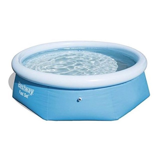 Round, inflatable pool with a light blue exterior and white inflatable rim, featuring clear water and a simple, easy-to-set-up design, measuring 8 feet in diameter.