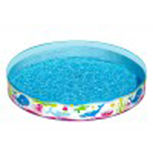 Round paddling pool with a light blue interior and a colorful outer design featuring marine life, made from durable plastic, measuring 5 feet in diameter.