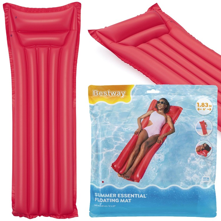 Bright red inflatable floating mat with three air chambers, featuring a smooth surface and a headrest, alongside packaging displaying a woman relaxing on the mat in a pool.
