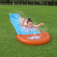Blue and orange 16ft Bestway H2OGO! water slide with SplashBoost sprinklers on green grass.