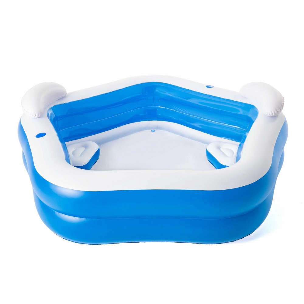 Deluxe inflatable pool in blue and white, featuring a hexagonal shape, built-in seating, and dimensions of 213 x 207 x 69 cm, ideal for relaxation and fun.