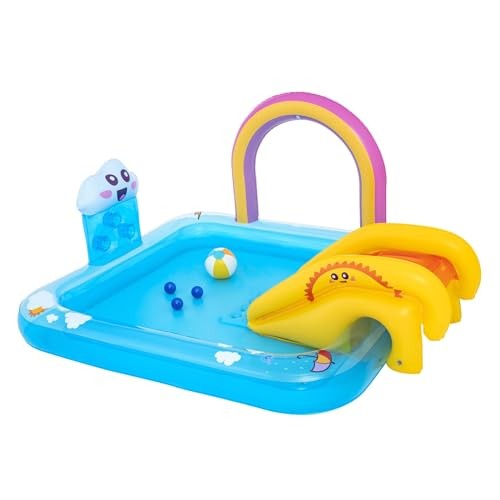 Bright blue inflatable pool with a rainbow arch, two yellow slides, a cloud-shaped water sprayer, and a colorful beach ball inside. Ideal for kids' summer fun.