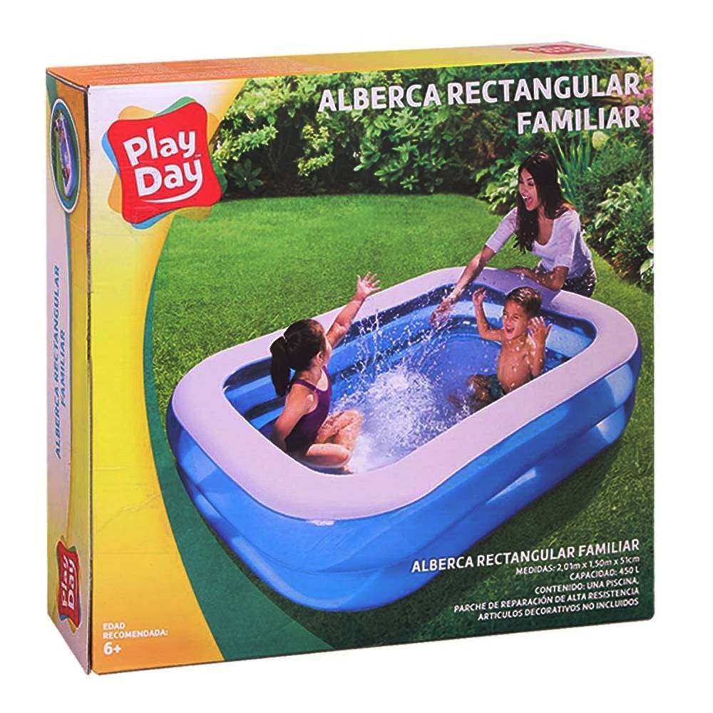 Bright blue rectangular paddling pool with a white rim, designed for family use, featuring children playing in water, suitable for outdoor fun.