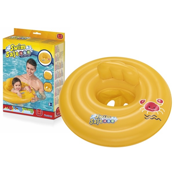 Bright yellow, inflatable three-ring baby float featuring a cute pig design, with a sturdy handle for safety, displayed alongside its colorful packaging.