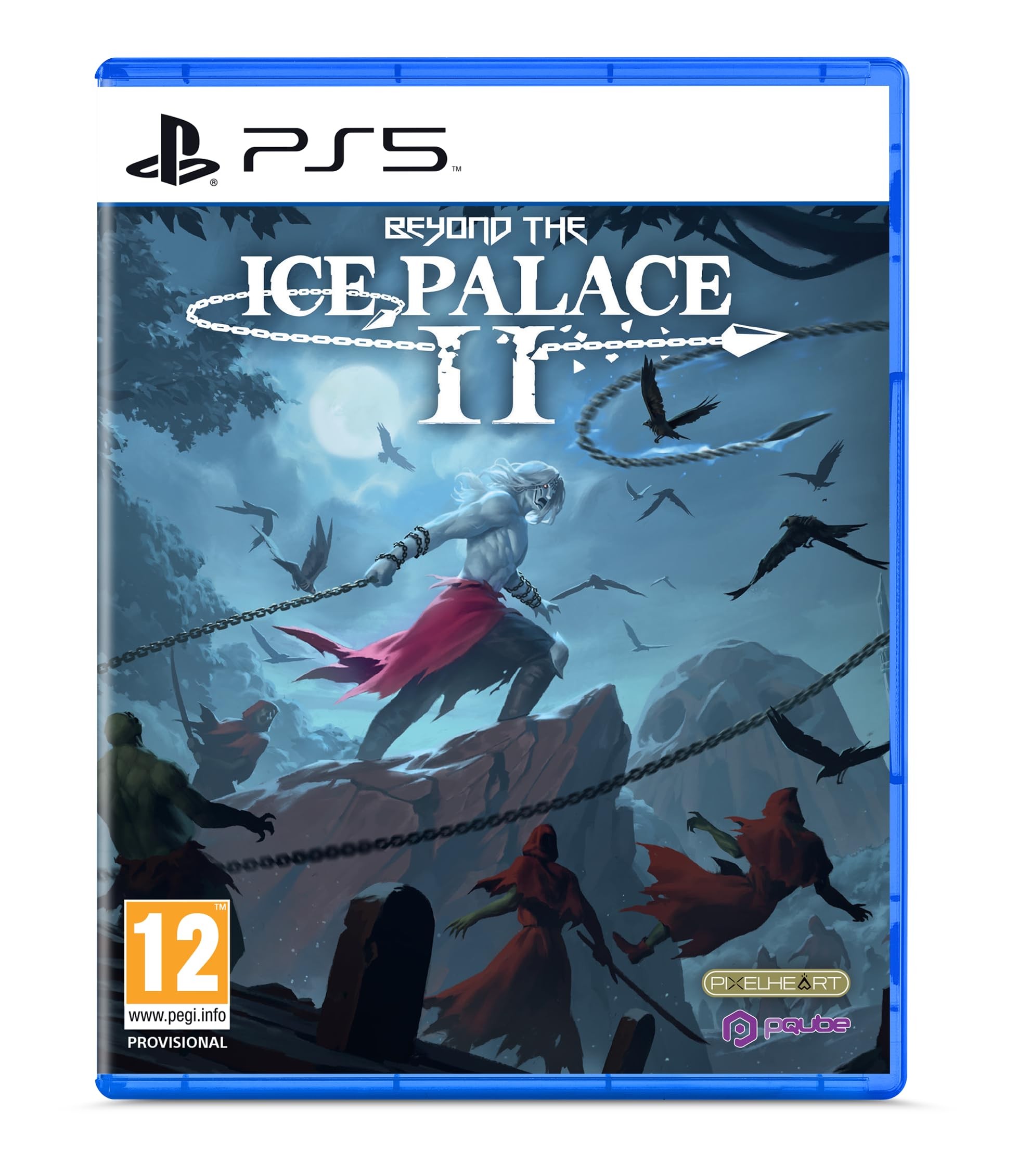 Blue PS5 game case featuring "Beyond the Ice Palace 2" cover art, depicting a warrior with a sword in a snowy landscape, surrounded by shadowy figures, with a 12 rating label.