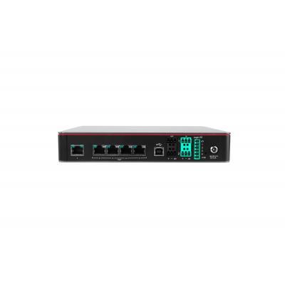 Biamp TesiraFORTÉ X 400 audio processor in a sleek black casing, featuring multiple network ports, a USB connection, and a power input, with a green terminal block for audio connections.