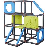 Black and blue modular climbing frame with green panels and circular cutouts for kids' play.
