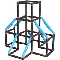 Black and blue modular climbing tower with square frames and angled supports.