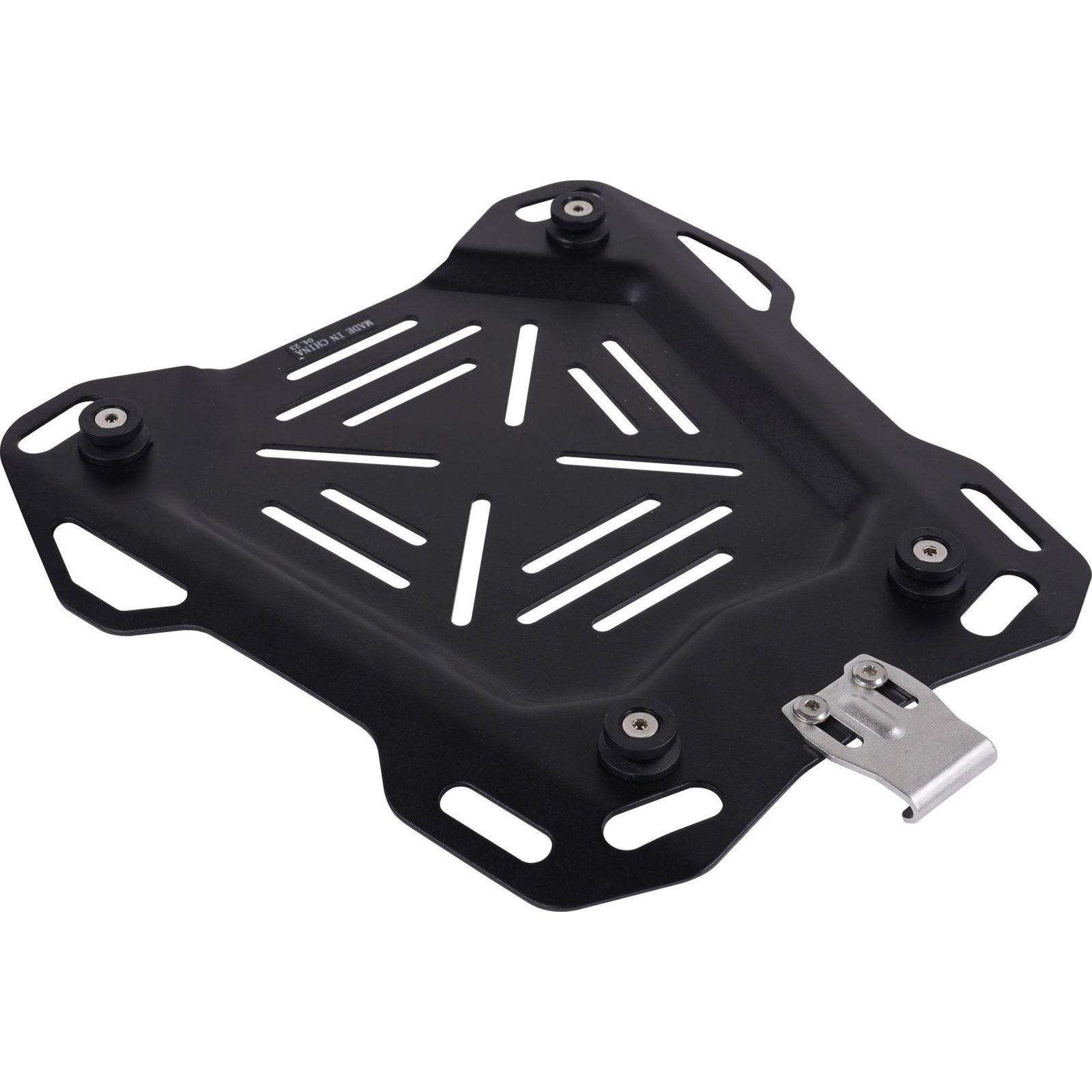 Black metal fitting plate with a geometric design, featuring multiple mounting points and a silver latch, designed for the Bike It LUGTBX003 top case.