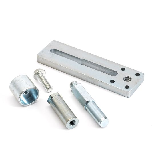 Metal BikeTek Adapter Kit for Riser Stand - H1, featuring a rectangular plate, cylindrical components, and various bolts, all in a shiny silver finish.