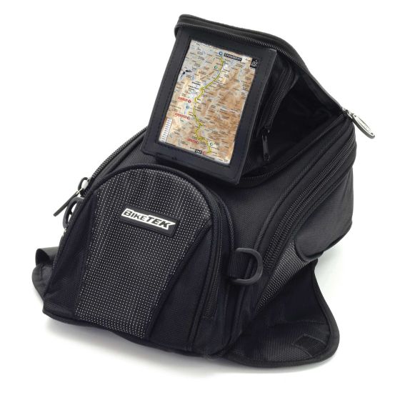 Black BikeTek MIDI Tank Bag featuring a GPS device holder, made of durable material, with an 8-litre capacity and a zippered main compartment for storage.