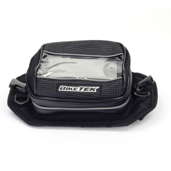Black BikeTek Satellite Navigation Mounted Pouch with a transparent front pocket, zip closure, and textured surface, designed for handlebar or yoke attachment.