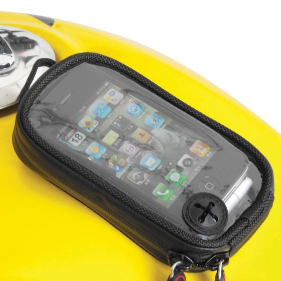 Black zippered tank holder with a transparent top for smartphone display, mounted on a bright yellow motorcycle tank, featuring a secure attachment system.