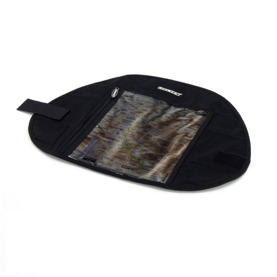 Black Tank Map Pouch by Bike-It featuring a transparent map window, zip closure, and Velcro straps for secure attachment to a motorcycle tank.