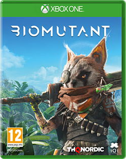 Biomutant game case for Xbox One featuring a colorful cover with a mutant raccoon character holding a weapon, set against a vibrant jungle background.