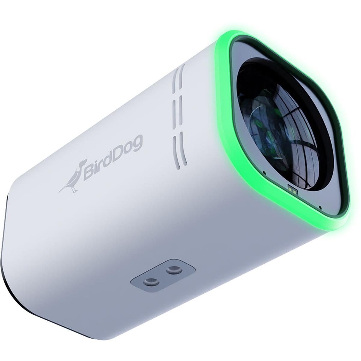 Compact white camera with a sleek design, featuring a green illuminated edge, a prominent lens, and the BirdDog logo on the side, ideal for video production.