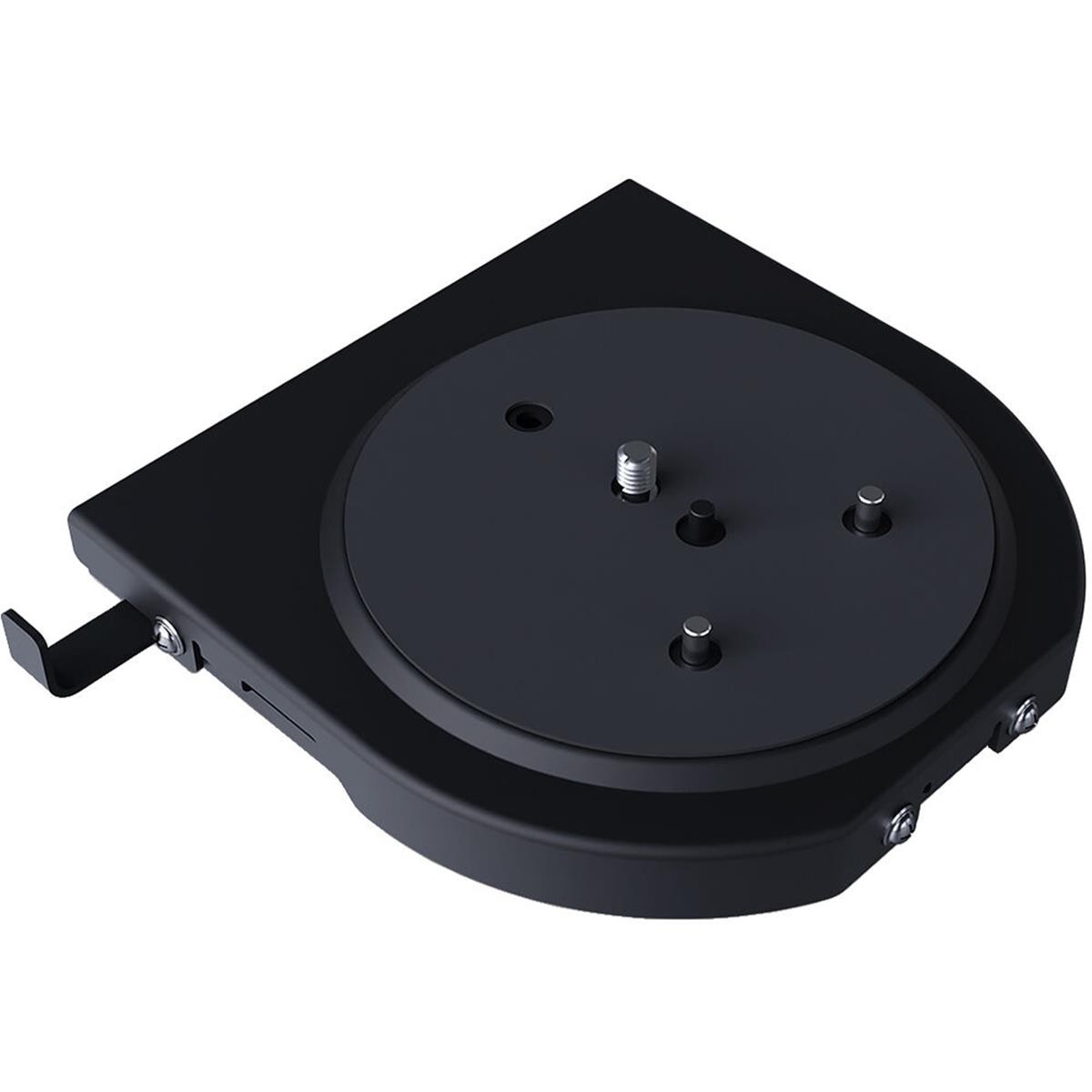Black metal ceiling mount with a circular platform, featuring multiple screw holes and a side lever, designed for secure installation of BirdDog X1/Ultra devices.