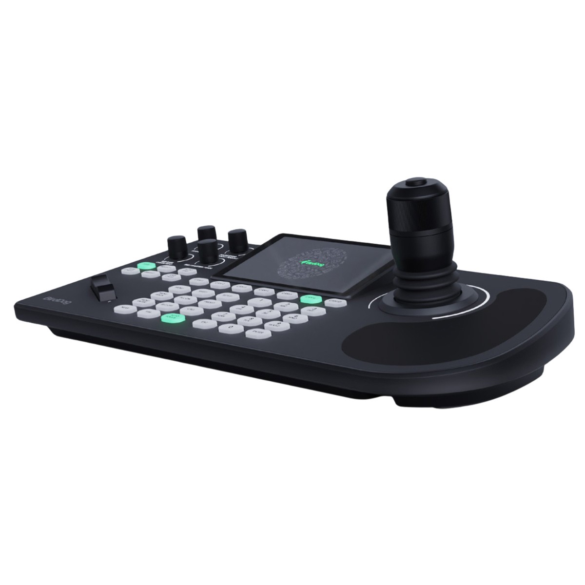 Black control panel with a joystick, various buttons, and a small display screen, designed for video production and streaming.