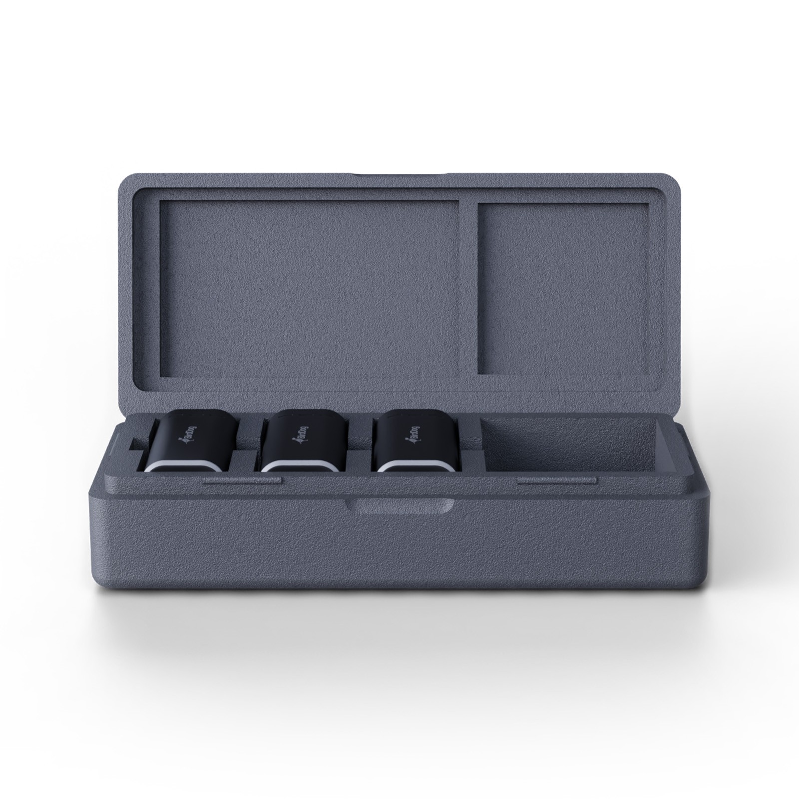 Gray hard case with a lid open, containing three black BIRDDOG MAKI Live Kit devices, neatly arranged with a small compartment for accessories.
