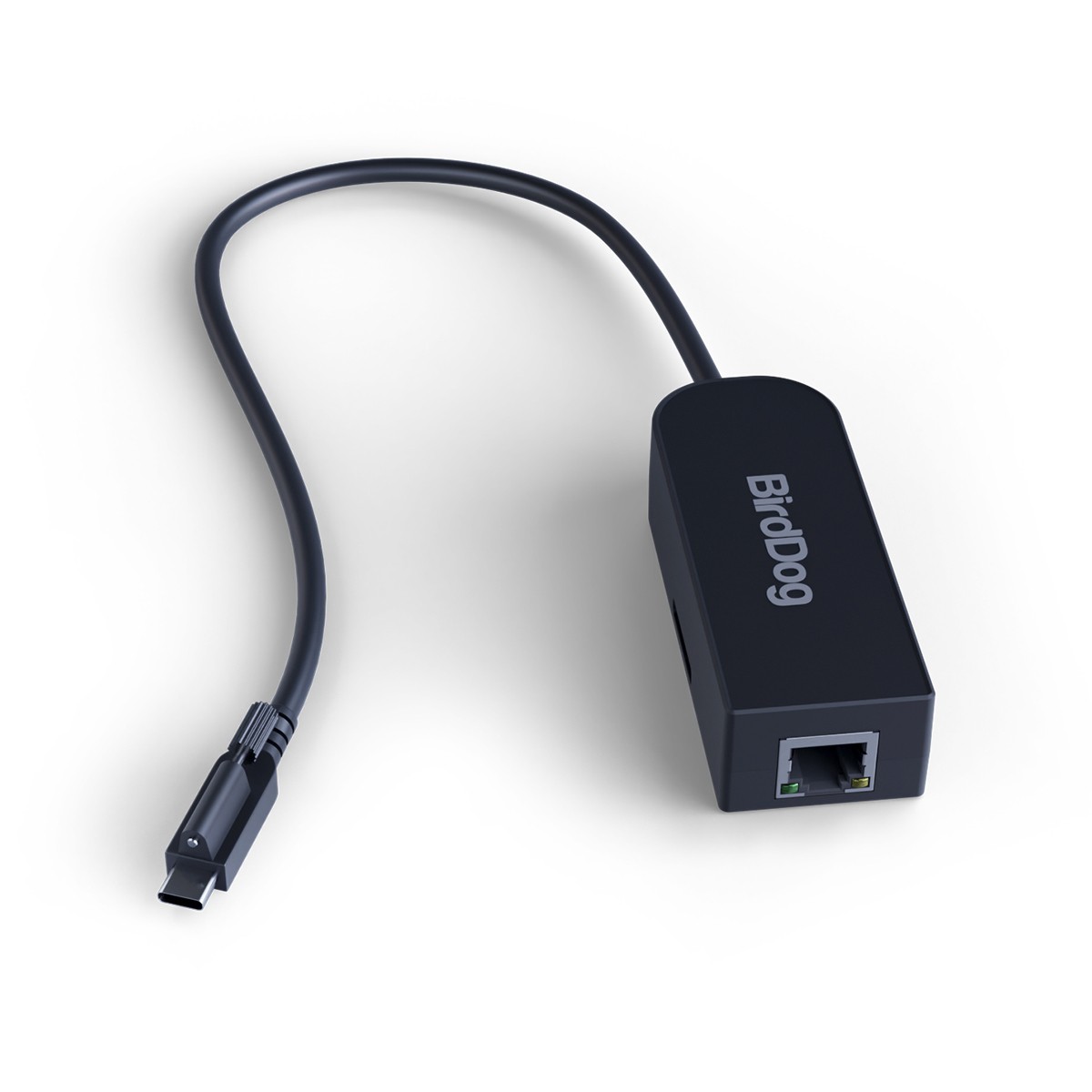 Black PoE adapter with a short cable, featuring a network port and a connector, embossed with "BirdDog" logo, designed for live streaming applications.