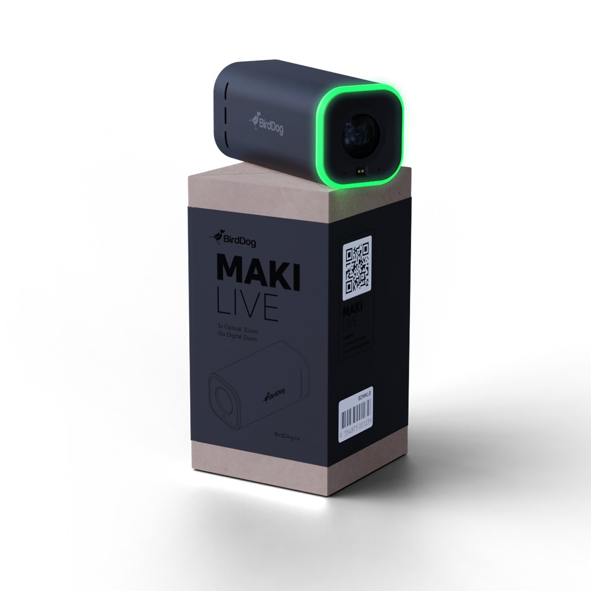Compact black camera with a green LED ring, positioned on a beige box featuring a graphic design and QR code, labeled "BIRDDOG MAKI Live."