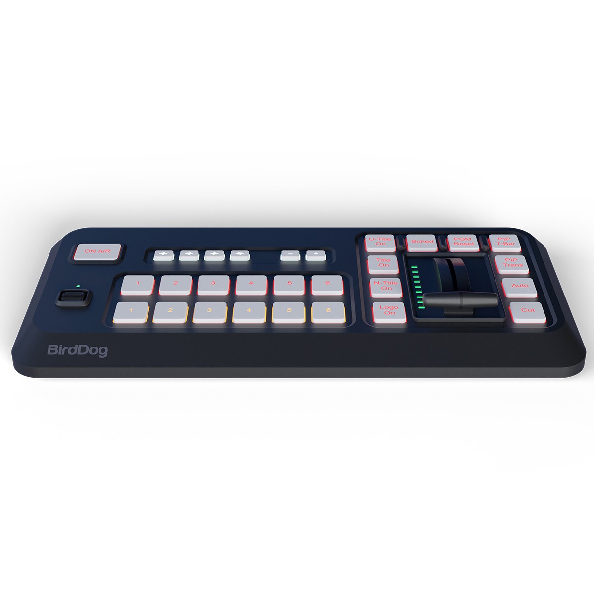 Black control surface with multiple buttons, a large knob, and LED indicators, designed for video production, featuring a sleek, modern layout.